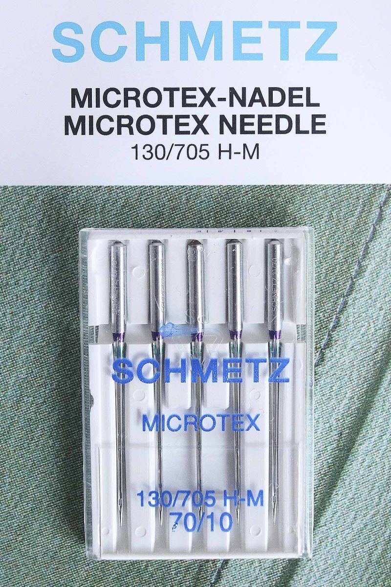 Agujas Schmetz Microtex 70 Blister blanco, con tapa transparente, de 5 agujas Microtex de grosor 70 de Schmetz.