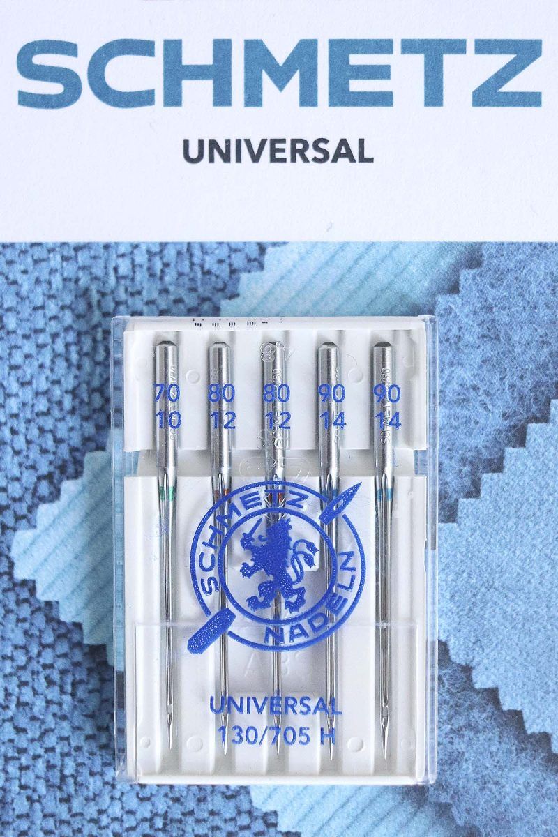 Agujas Schmetz Universal Combinadas Blister blanco, con tapa transparente, de 5 agujas Universal de Schmetz. En la caja se indican los diferentes grosores de aguja: 70, 80 y 90.