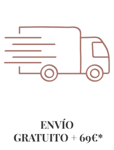 Icono de una furgoneta a toda velocidad. Las líneas del dibujo son rosas rojizo y el interior blanco. Debajo se puede leer "Envío gratuito +69€"