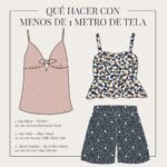 Esquema de patrones (concepto de diseño armado) en donde se observan dos Top con estampados delicados de ODALOA y un short de color azul y estampado de líneas y puntos.
