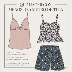 Esquema de patrones (concepto de diseño armado) en donde se observan dos Top con estampados delicados de ODALOA y un short de color azul y estampado de líneas y puntos.