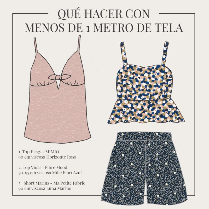 Esquema de patrones (concepto de diseño armado) en donde se observan dos Top con estampados delicados de ODALOA y un short de color azul y estampado de líneas y puntos.