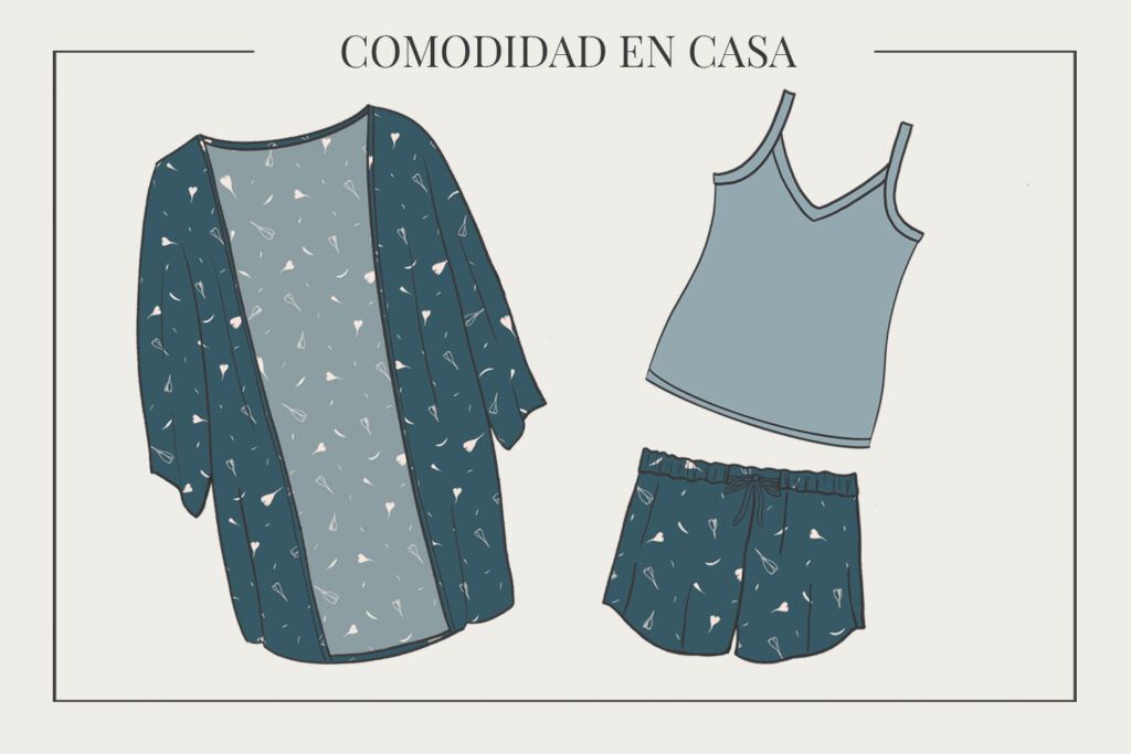 Dibujos de diferentes propuestas de patrones para coser con recomendaciones de telas. En la imagen se puede ver el dibujo de un kimono azul verdoso con hojitas y flores blancas con unos shorts de pijama a juego y una camiseta de tirantes en color aguamarina. Estas prendas están enmarcadas por el contorno de un rectángulo negro. En la parte superior del rectángulo se puede leer "Comodidad en casa".