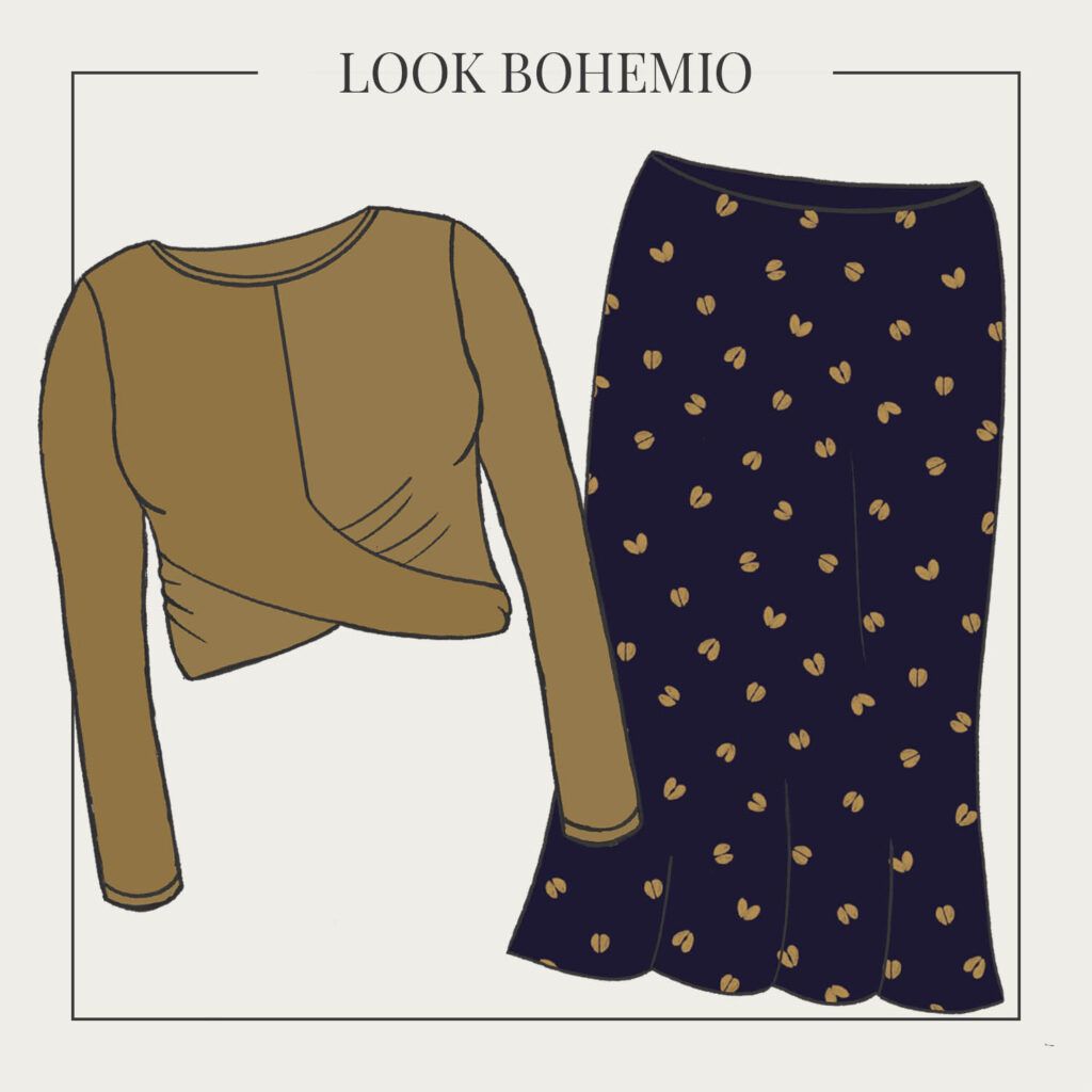 Dibujos de diferentes propuestas de patrones para coser con recomendaciones de telas. En la imagen se puede ver el dibujo de una camiseta con un fruncido en la cintura, en color verde aceituna y una falda larga, azul oscuro con motivos de huellas de ciervo en tono ocre. Estas prendas están enmarcadas por el contorno de un cuadrado negro. En la parte superior del cuadrado se puede leer "Look bohemio".