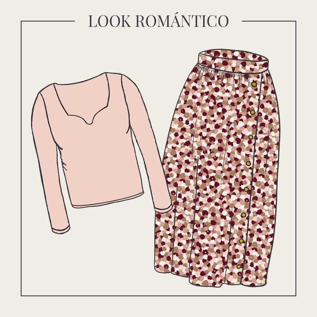 Dibujos de diferentes propuestas de patrones para coser con recomendaciones de telas. En la imagen se puede ver el dibujo de una camiseta de manga larga con escote corazón en color rosa palo y una falda larga, fruncida, con estampado de pequeñas flores abstractas en tonos rosas y marrones. Estas prendas están enmarcadas por el contorno de un cuadrado negro. En la parte superior del cuadrado se puede leer "Look romántico".