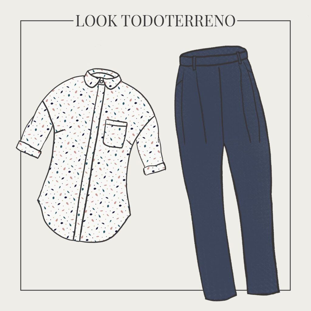 Dibujos de diferentes propuestas de patrones para coser con recomendaciones de telas. En la imagen se puede ver el dibujo de una camisa blanca, con las mangas remangadas, con estampados de pequeñas hojas en colores azules y rosas y unos pantalones con pinzas, largos, de color azul denim. Estas prendas están enmarcadas por el contorno de un cuadrado negro. En la parte superior del cuadrado se puede leer "Look todoterreno".