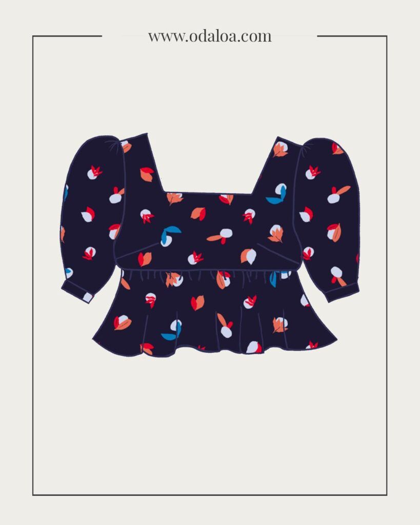 Dibujo de una blusa con escote cuadrado, mangas abullonadas y hasta el codo, talle por debajo del pecho y pequeña falda de volantes. Es de color azul oscuro con motivos de guijarros y hojas en colores azul, rojo, naranja y blanco azulado.