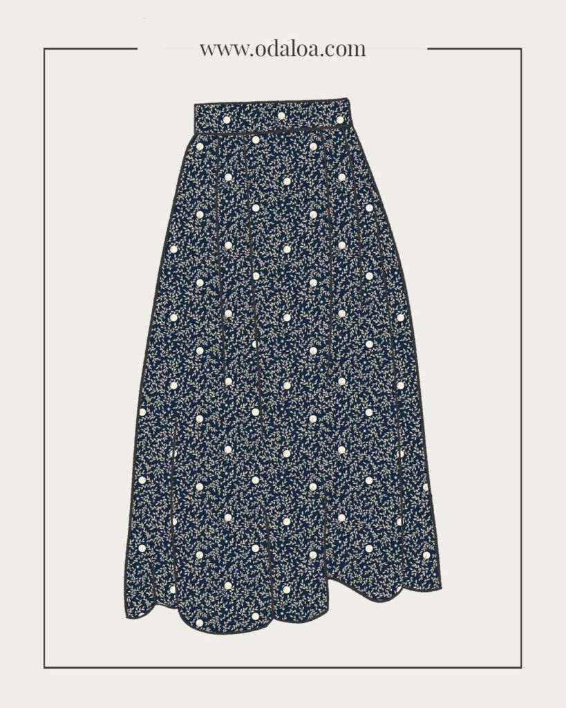 Dibujo de una falda midi con tablas y cinturilla plana. Es azul marino con estampado de puntos blancos y ramas con hojitas en color beige.