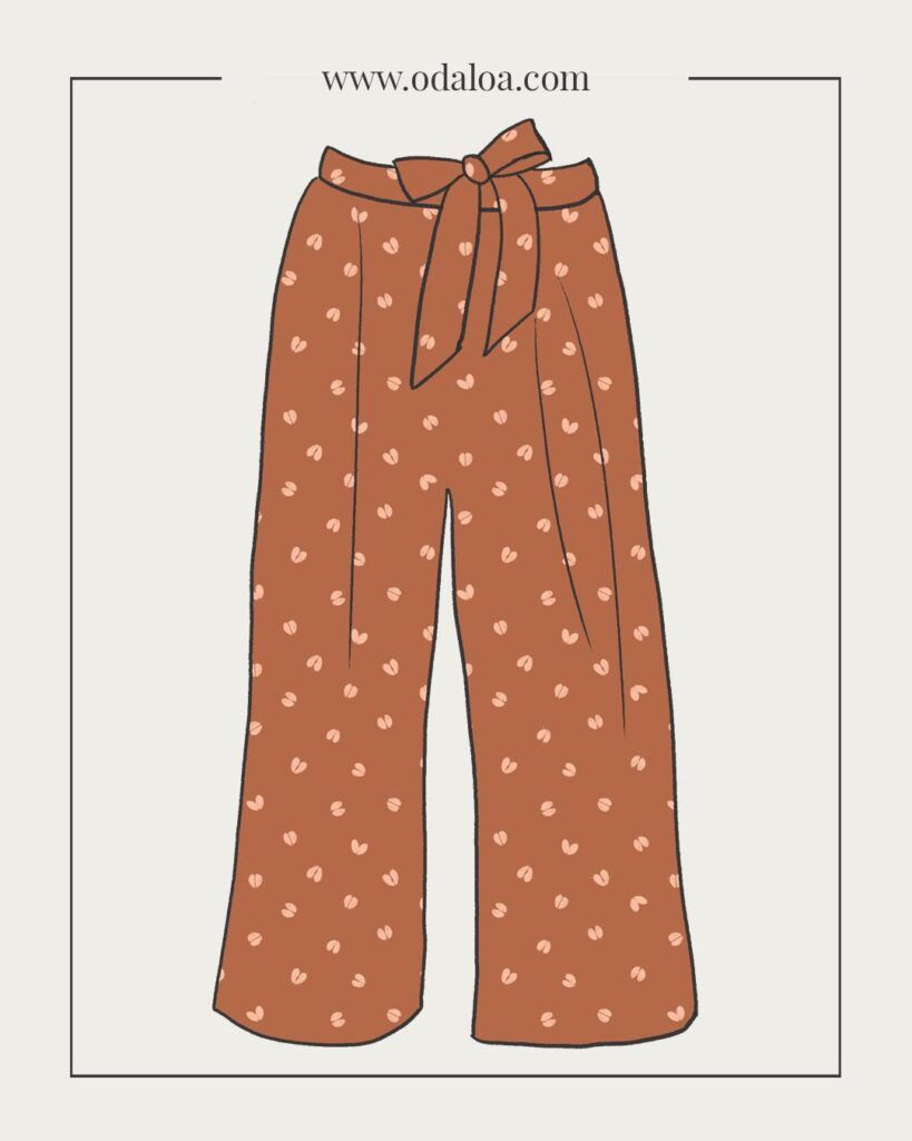 Dibujo de unos pantalones fluidos con un lazo anudado a la cintura. Son de color marrón con un estampado de huellas de ciervo en color marrón más claro.