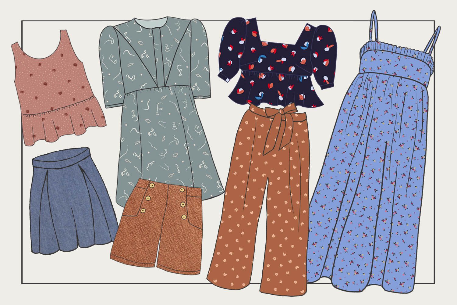 Dibujos de distintas prendas veraniegas. De izquierda a derecha hay: un top peplum de tirantes anchos, talle por encima de la cintura y pequeños volantes. Es de color rosa, con puntos de color beige y flores rojas. Unos shorts culotte, con una largura a medio muslo. Cuenta con dos pliegues que salen de la cinturilla. Tiene un aspecto fluido. Son de Tencel color vaquero. Un vestido corto, por encima de la rodilla y con mangas hasta el codo. Tiene una abotonadura central, que va del cuello a la cintura. Es de color verde azulado con motivos de caras abstractas y líneas en colores blanco y crema. Unos shorts en color ladrillo. Cuentan con un bolsillo a cada la do de la cadera y dos filas de botones verticales con 3 botones cada una. Una blusa con escote cuadrado, mangas abullonadas y hasta el codo, talle por debajo del pecho y pequeña falda de volantes. Es de color azul oscuro con motivos de guijarros y hojas en colores azul, rojo, naranja y blanco azulado. Unos fluidos con un lazo anudado a la cintura. Son de color marrón con un estampado de huellas de ciervo en color marrón más claro. Por último, un maxi vestido, vaporoso, de corte imperio y tirantes, con fruncido en la parte superior del talle. Es de color azulón con motivos de pequeños bouquets de flores en tonos rojos, rosas y cremas.