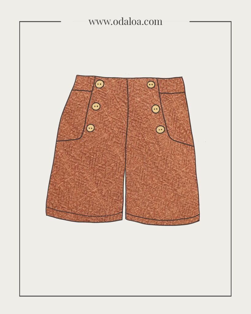 Dibujo de unos shorts en color ladrillo. Cuentan con un bolsillo a cada la do de la cadera y dos filas de botones verticales con 3 botones cada una.