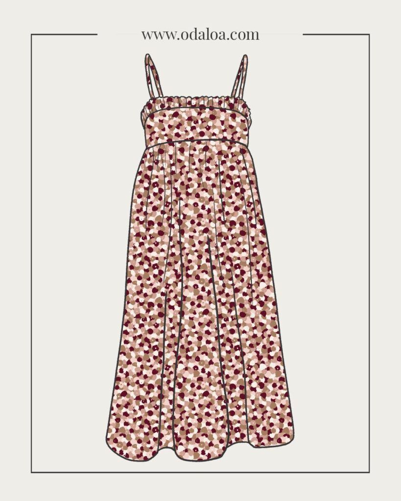 Dibujo de un maxi vestido, vaporoso, de corte imperio y tirantes, con fruncido en la parte superior del talle. Tiene un estampado tupido de pequeñas flores abstractas, en tonos rosas, blancas y burgundy.
