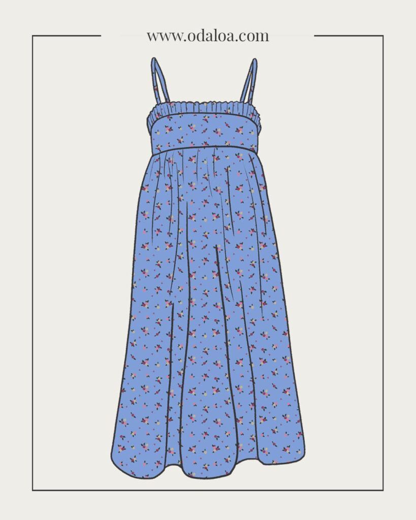Dibujo de un maxi vestido, vaporoso, de corte imperio y tirantes, con fruncido en la parte superior del talle. Es de color azulón con motivos de pequeños bouquets de flores en tonos rojos, rosas y cremas.
