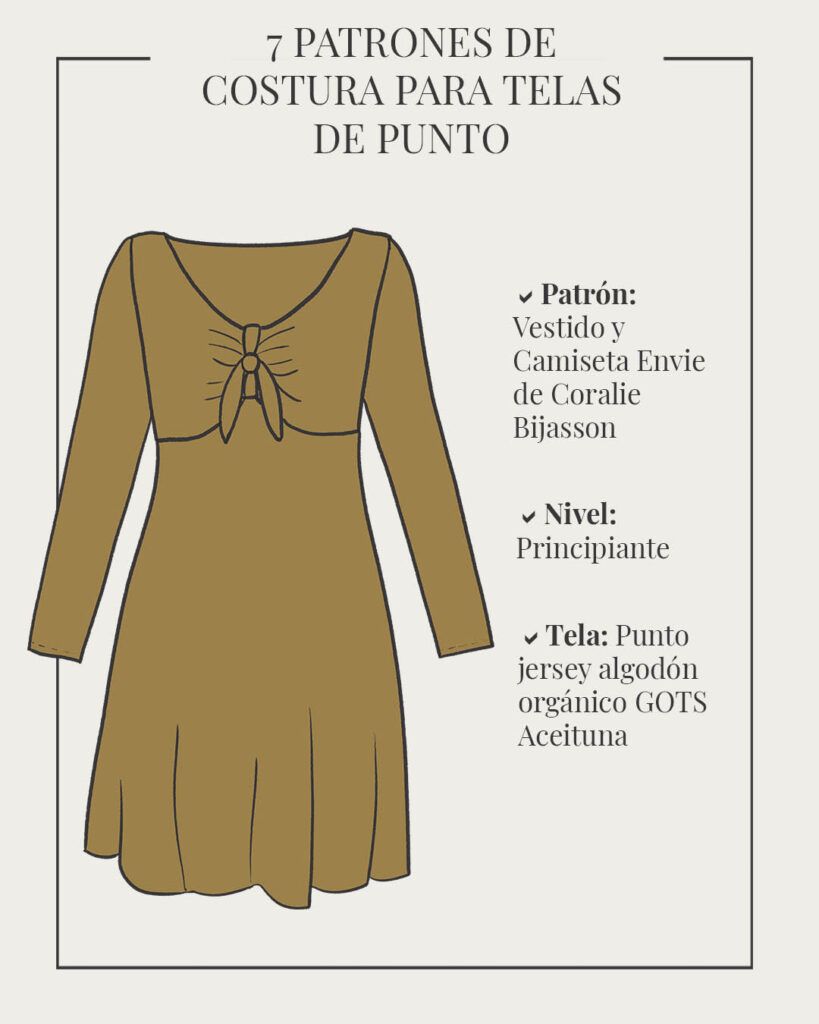 Boceto de un vestido de manga larga, por encima de la rodilla, con una lazo en el pecho, en color verde aceituna.