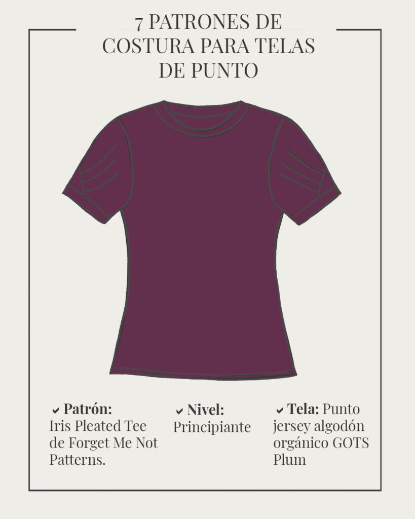Boceto de camiseta de manga corta con mangas con pliegues en color ciruela.