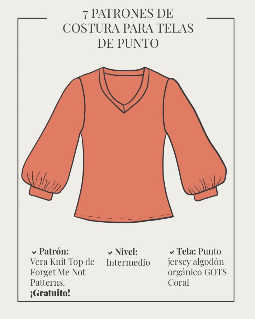 Boceto de la camiseta Vera Knit Top de Forget Me Not Patterns con mangas obispo en color coral