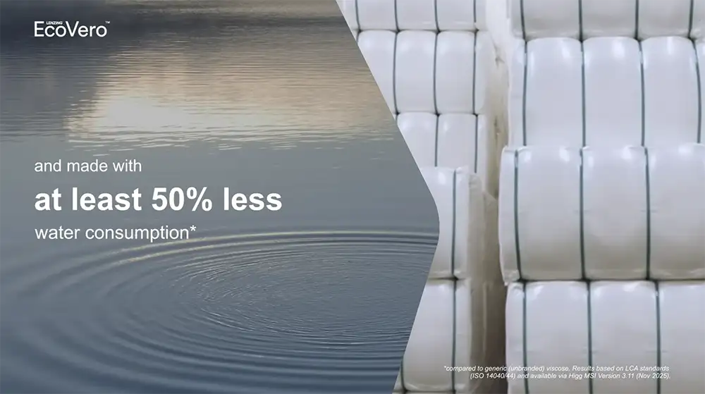 La parte de la izquierda de la imagen es agua en la naturaleza. La parte de la derecha son bidones de agua en las instalaciones de Lenzing EcoVero
