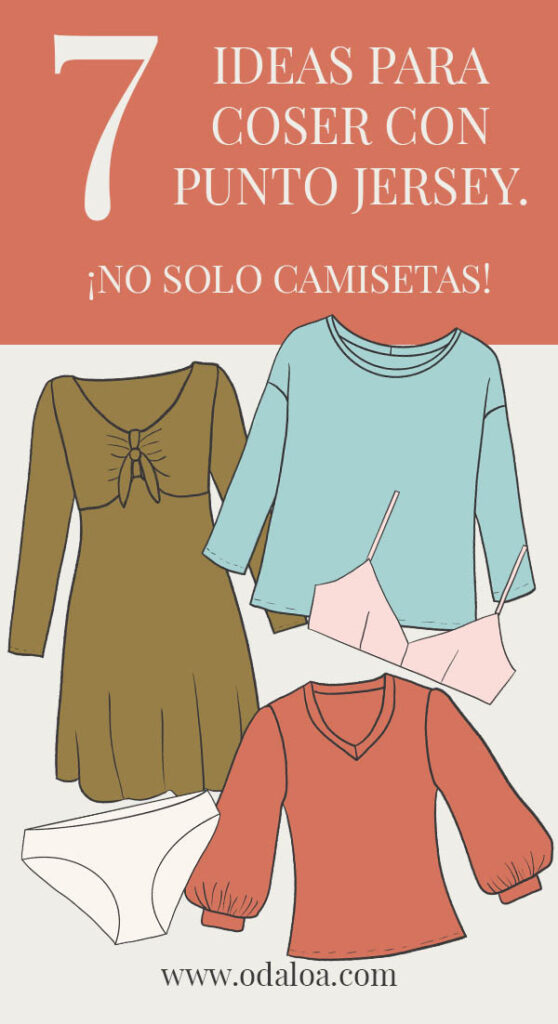 Ejemplos, a modo boceto, de 5 prendas para coser con tela de punto jersey de algodón orgánico. Un bestido, dos camisetas de manga larga, un sujetador y una braga